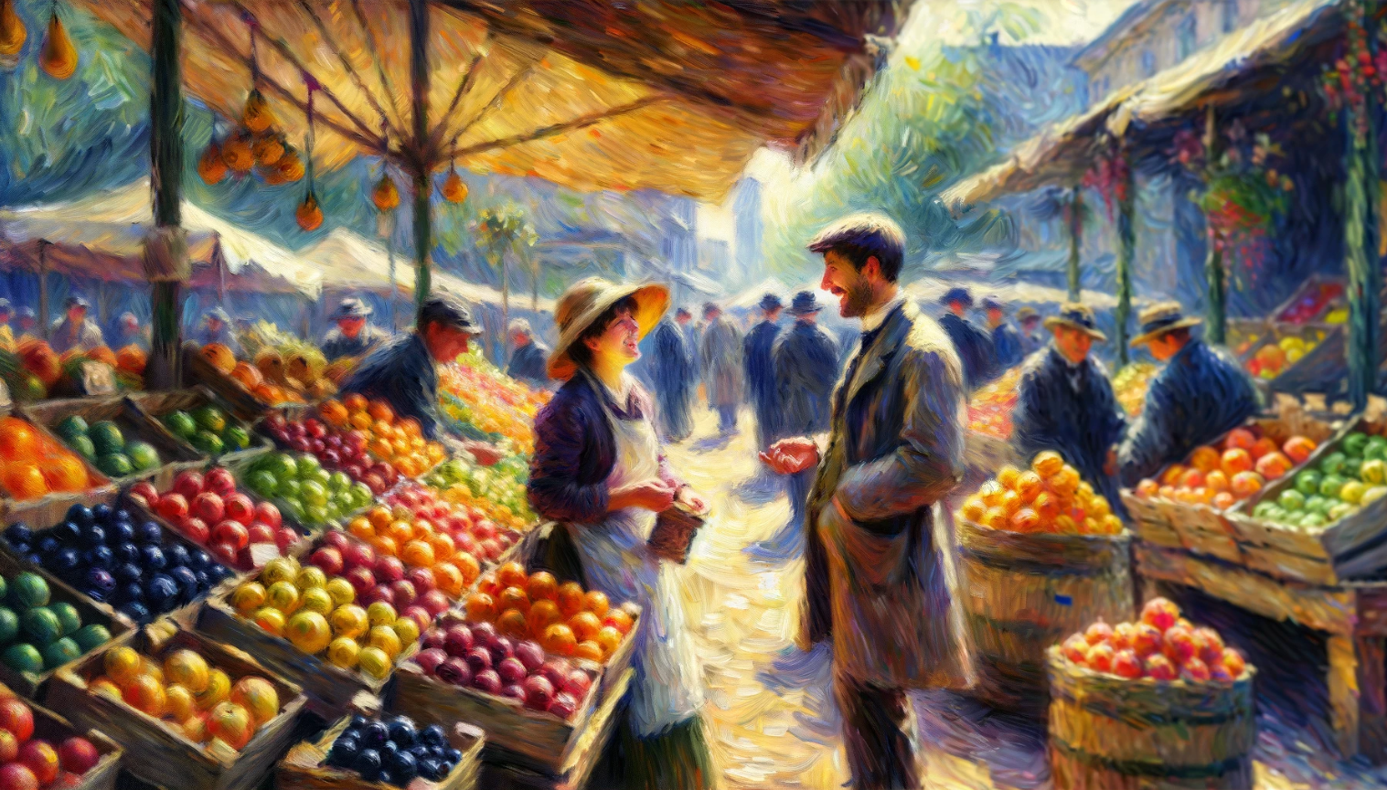 A fruit seller enjoying a happy conversation with a customer