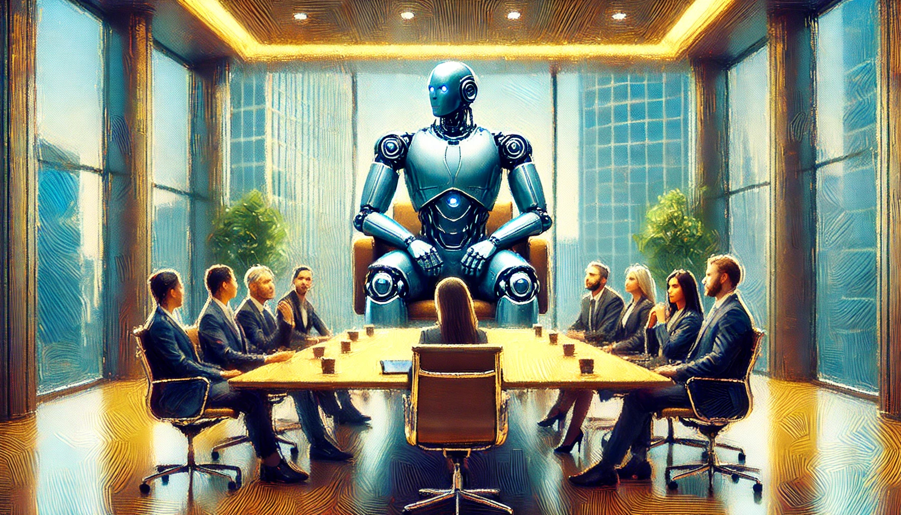 A robot at the head of a board room table with humans seated at the table.